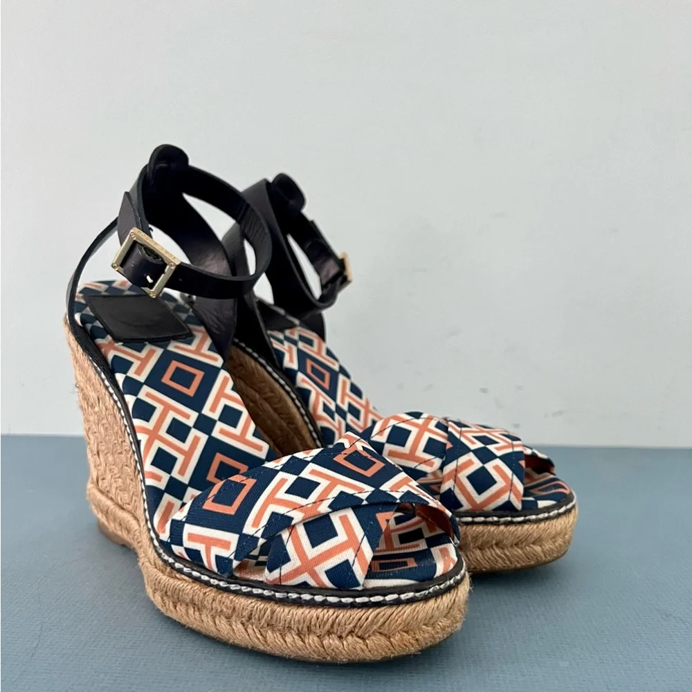 Tory Burch Criss Cross Blue & Orange Canvas Espadrille Jute Wedge Sandals